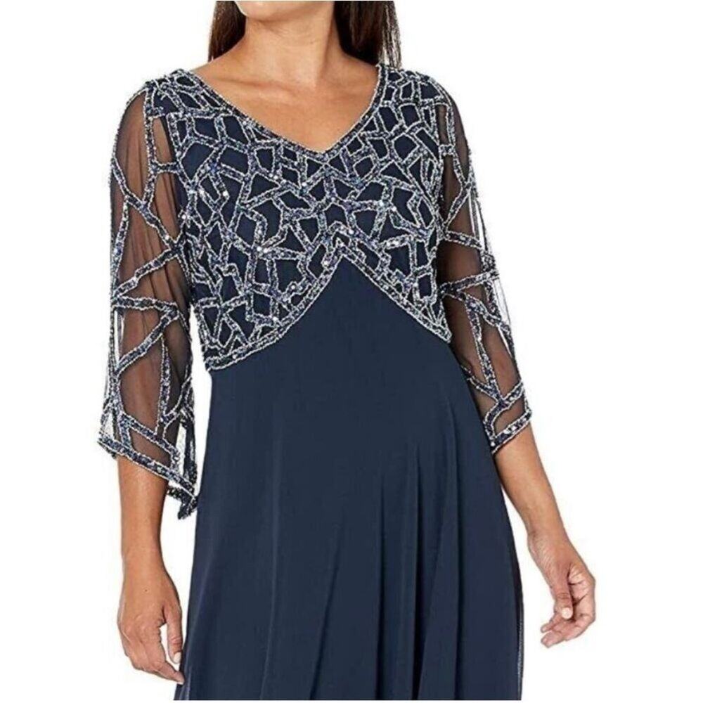 J Kara Womens Cobalt Blue 3/4 Sleeve Geo Beaded Full Length‎ Ball Gown 12P Women